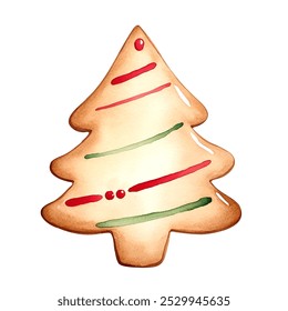 Watercolor gingerbread Christmas tree. Christmas cookies and candy. Cute Christmas element. 