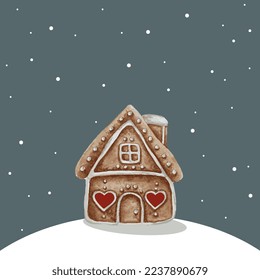 Watercolor gingerbread house on the hill under the snow. Winter landscape with a gingerbread house. Christmas mood, a holiday card.