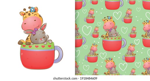 The watercolor of the giraffe and cute rabbit standing on the cups pattern set of illustration