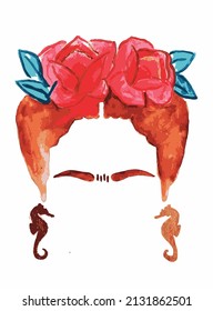 watercolor girl face illustration. Seahorses and more