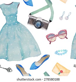 Watercolor girl pattern. Seamless texture with fashion and lifestyle elements: polka dot dress, photo camera, ballet shoes, retro sunglasses, earrings, vintage key and postcard