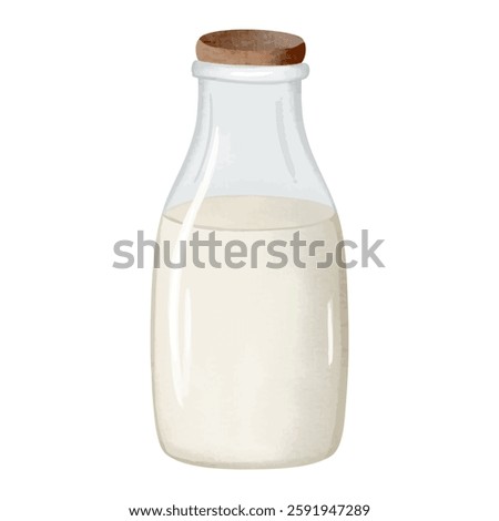 Watercolor glass bottle of milk. Kefir, yogurt or milk glass bottle. Hand drawn illustration.