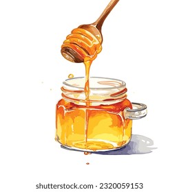 watercolor glass jar of amber honey. Clover. isolated illustration on background. wood spone on honey jar, vector