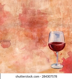 Watercolor glass of red wine on a distressed artistic background, scalable vector graphic