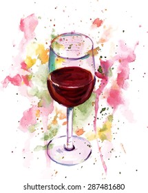 Watercolor glass of red wine on textured background seen from above, scalable vector drawing