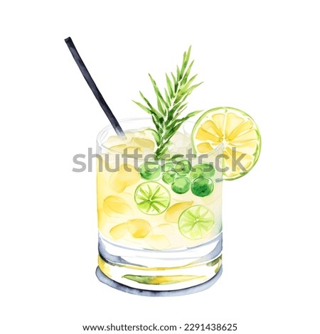Watercolor glass of summer lemon juice with leaves and lemon, cocktail