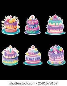 watercolor glitter baby birthday Cake Sticker Bundle ,cute soft pastel watercolor party cake, watercolor vector set