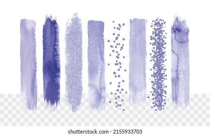 Watercolor and glittering paint strokes in very peri colors. Vector brush stroke