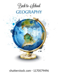 Watercolor globe isolated on white Vector. Geography card