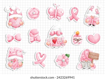 Watercolor Gnome Fight Cancer,Pink October Sticker. Vector illustration