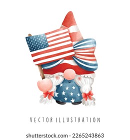 Watercolor gnome independence day. Vector illustration. 