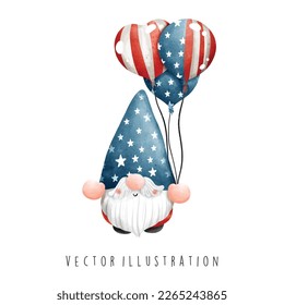 Watercolor gnome independence day. Vector illustration. 