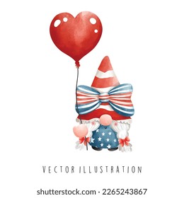 Watercolor gnome independence day. Vector illustration. 