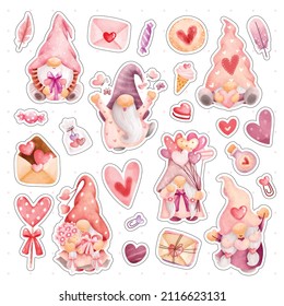 Watercolor Gnome With Love Elements Sticker Set 