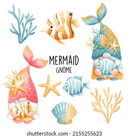 Watercolor gnome mermaid, ocean. Vector illustration