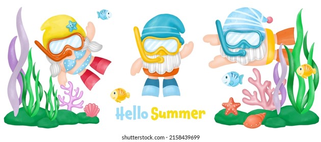 Watercolor Gnomes Diving Summer Clipart