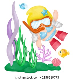 Watercolor Gnomes Diving Summer Clipart