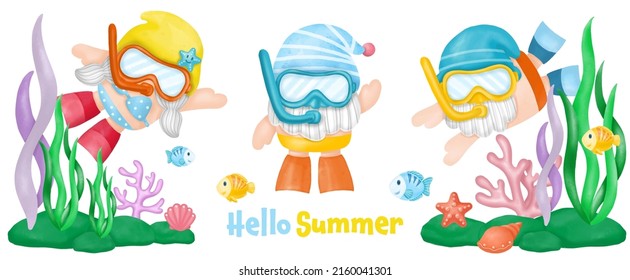 Watercolor Gnomes Submarinismo Summer Clipart