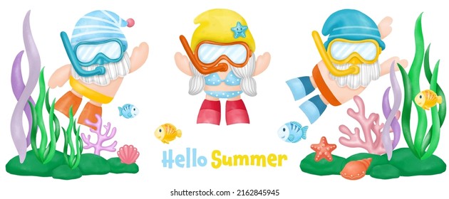 Watercolor Gnomes Diving Summer Clipart