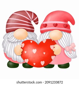 Watercolor Gnomes Valentine Clipart, Digital painting