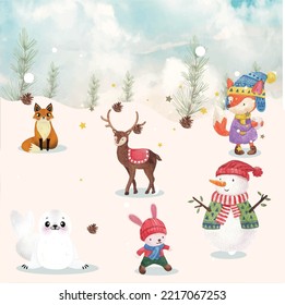 Watercolor gold Merry Christmas illustration with snowman, christmas tree , holiday cute animals fox, rabbit and hedgehog . Christmas celebration cards. Winter new year design