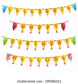 Watercolor Golden Bunting Flags with letters, isolated on white background. Vector Elements for your design. Hand drawn party flags for Birthday, Baby shower Cards, Invitations, Covers. 