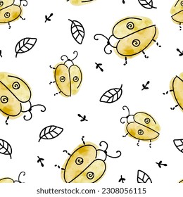 Watercolor Golden Doodle Beetle 
 Vector Seamless Pattern