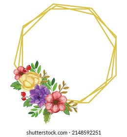 watercolor golden frame and floral wreath isolatedon white background