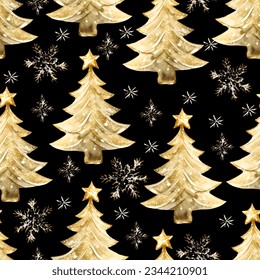 Watercolor golden glitter Christmas trees on black background. Vector seamless pattern.