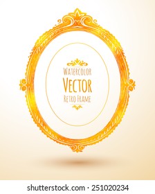 Watercolor golden oval vintage frame. Vector illustration.