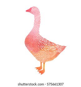 Watercolor goose icon isolated on blue background. Goose logo, goose sign.