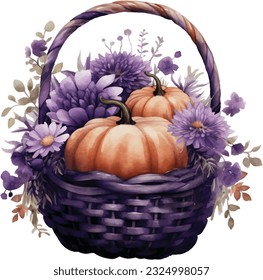 Watercolor Gothic Pumpkin Floral Basket. Dark Pumpkin for Fall Season Fantasy Autumn Halloween Illustration Clipart.