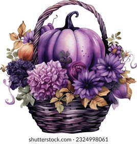 Watercolor Gothic Pumpkin Floral Basket. Dark Pumpkin for Fall Season Fantasy Autumn Halloween Illustration Clipart.