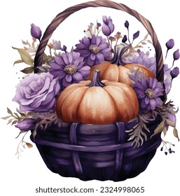 Watercolor Gothic Pumpkin Floral Basket. Dark Pumpkin for Fall Season Fantasy Autumn Halloween Illustration Clipart.