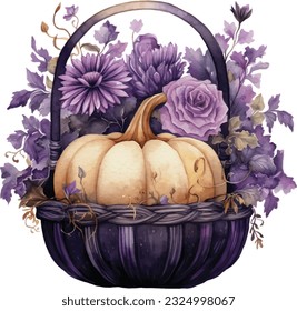 Watercolor Gothic Pumpkin Floral Basket. Dark Pumpkin for Fall Season Fantasy Autumn Halloween Illustration Clipart.