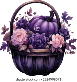 Watercolor Gothic Pumpkin Floral Basket. Dark Pumpkin for Fall Season Fantasy Autumn Halloween Illustration Clipart.