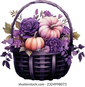 Watercolor Gothic Pumpkin Floral Basket. Dark Pumpkin for Fall Season Fantasy Autumn Halloween Illustration Clipart.