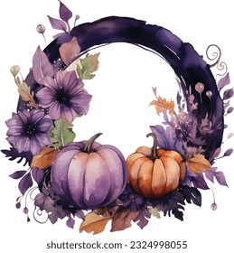 Acuarela Calabaza Gótica Floral Wreath. Calabaza Generativa y Oscura Aislada para Fantasy Clipart de temporada de otoño.