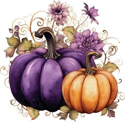 Watercolor Gothic Pumpkin Flowers Arrangement. Isolated Generative Dark Pumpkin For Fall Season Fantasy Clipart.