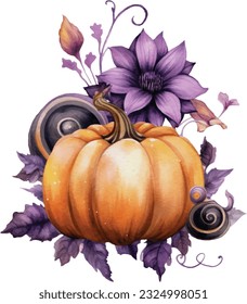 Watercolor Gothic Pumpkin Flowers Arrangement. Isolated Generative Dark Pumpkin for Fall Season Fantasy Clipart.