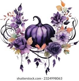 Watercolor Gothic Pumpkin Flowers Arrangement. Isolated Generative Dark Pumpkin for Fall Season Fantasy Clipart.