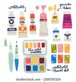 Watercolor, gouache, oil and acrylic paints in tubes. Flat style watercolor travel kit in tin box and water brushes. Set of hand drawn art supplies icons for art studio, creative workshops and stores.