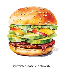 watercolor A gourmet burger with bacon and avocado