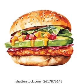 watercolor A gourmet burger with bacon and avocado