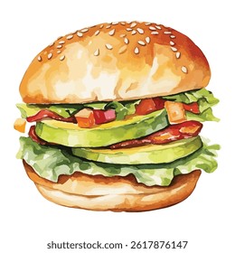 watercolor A gourmet burger with bacon and avocado