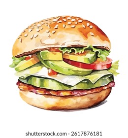 watercolor A gourmet burger with bacon and avocado