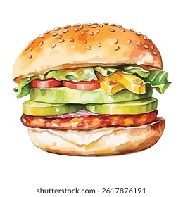 watercolor A gourmet burger with bacon and avocado