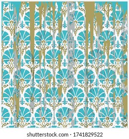 Watercolor gradient background. Abstract gold, aquamarine and blue painted template.