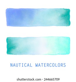 Watercolor gradient banners set. Hand drawn abstract art. Soft pastel nautical colors of the sea. Creative design elements for website, printables, scrapbooking and more.