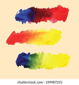 Watercolor gradient stripes  with basic colors. Watercolor wet stains isolated on white. Watercolor gradient hand painted illustration for design.